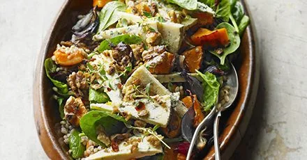 Blue cheese, butternut & barley salad with maple walnuts