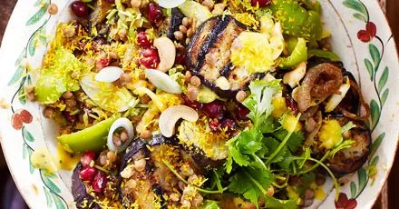Charred aubergine salad with sugar-spice onions