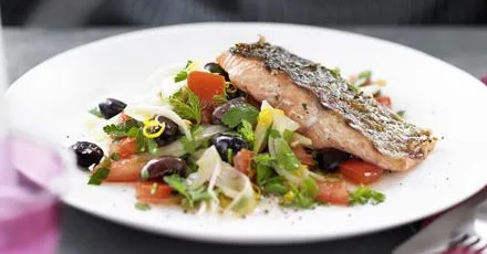 Charred salmon with fennel & olive salad