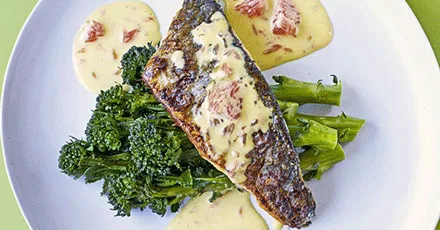 Crisp sea bass with grapefruit hollandaise