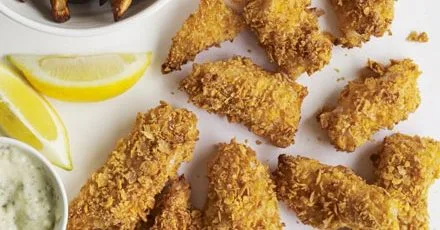 Crunchy fish goujons with skinny chips