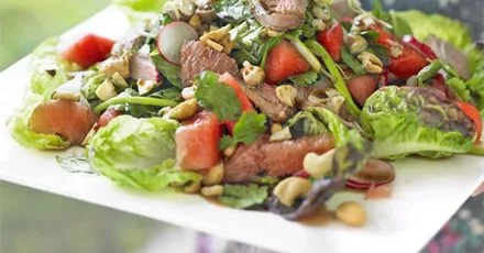 Duck, watermelon & herb salad with roast cashews