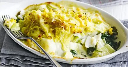 Haddock & leek au gratin with sweetcorn mash