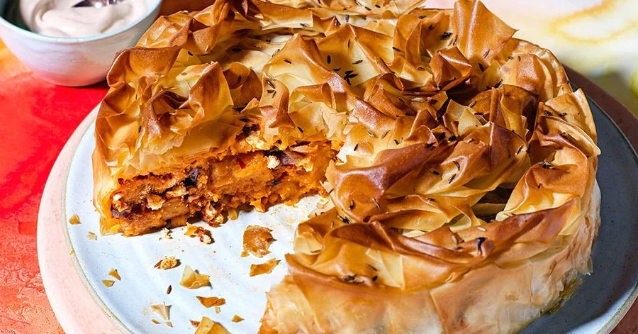 Harissa roasted squash & feta pie