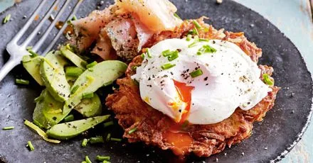 Horseradish latkes with avocado, gravadlax & poached eggs