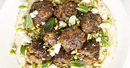 Hummus with pistachio lamb meatballs