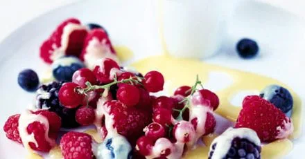 Iced berries with hot chocolate sauce