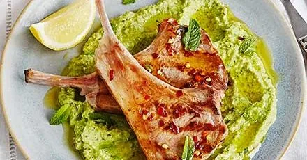 Lamb chops with chilli & Ligurian broad bean pesto
