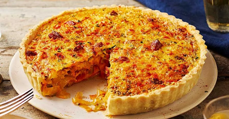 Leek, manchego & chorizo tart