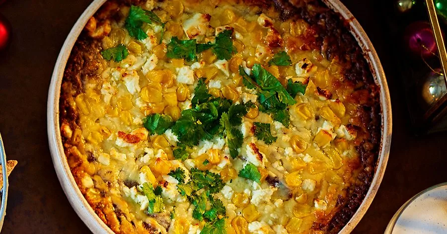 Loaded black bean dip with quick tortilla chips