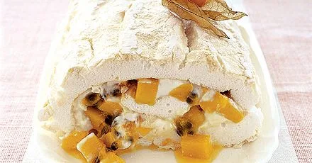 Mango & passion fruit meringue roulade