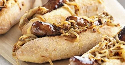 Maple-glazed hot dogs with mustardy onions