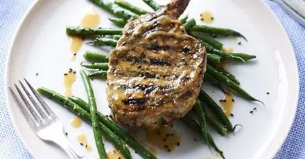 Miso mustard pork chops with sesame green beans