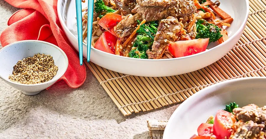 Miso steak with noodle salad