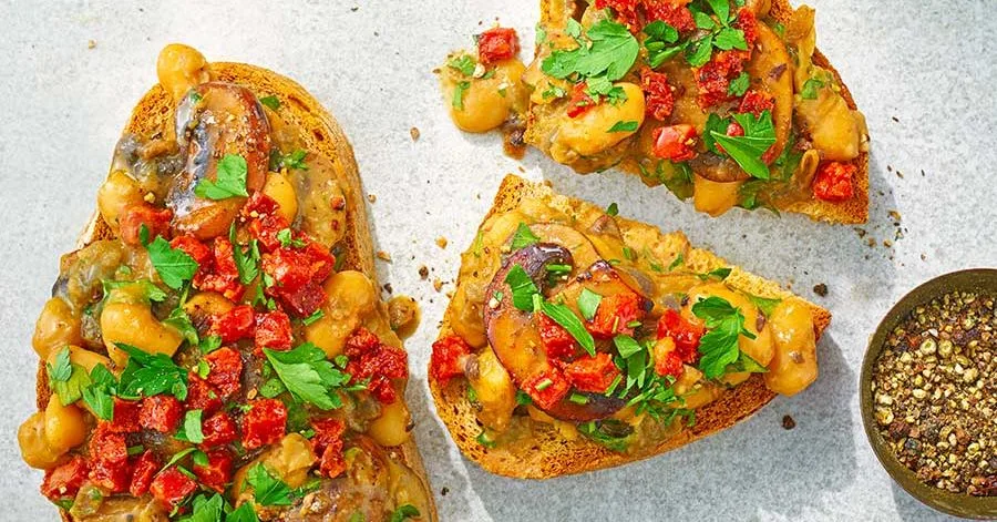 Mushroom & butter bean toasts with crispy chorizo