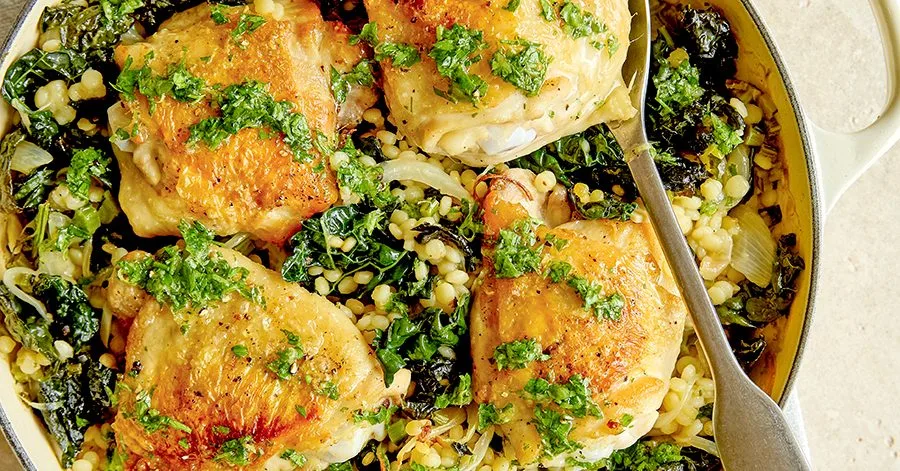 One-pot garlicky chicken thighs & giant cous cous