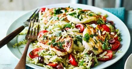 Oregano halloumi with orzo salad