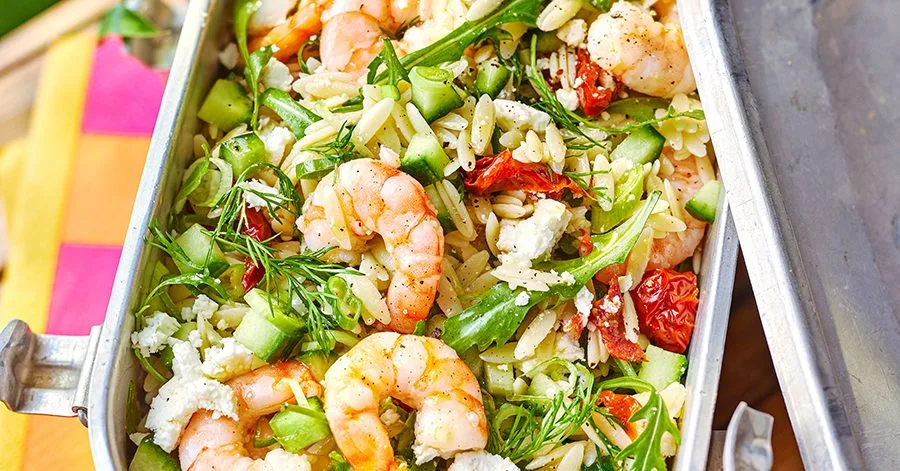 Orzo, feta & prawn pasta salad