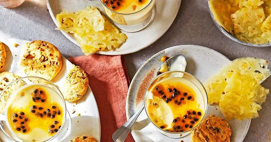 Passion fruit posset with pistachio-custard biscuits & fresh pineapple