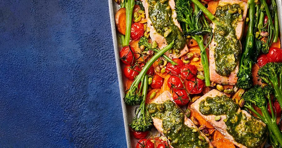Pistachio pesto salmon & vegetable traybake