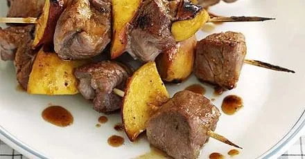 Pork & peach kebabs with Little Gem salad