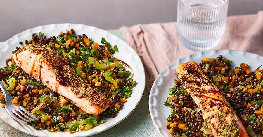 Puy lentils with seared salmon