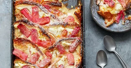 Rhubarb and ricotta bread & butter pudding