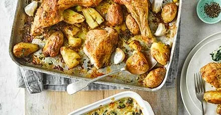 Roast chicken with squashed new potatoes & cheesy creamed spinach