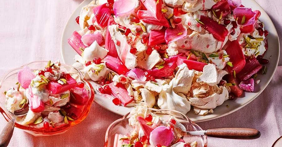 Roasted rhubarb & rose eton mess