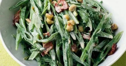 Runner beans with bacon & hazelnuts