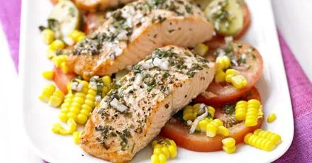 Salmon with new potato & corn salad & basil dressing