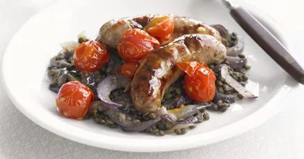 Saucy roast sausages with lentils