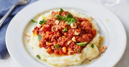 Sausage & hazelnut ragu with celeriac mash