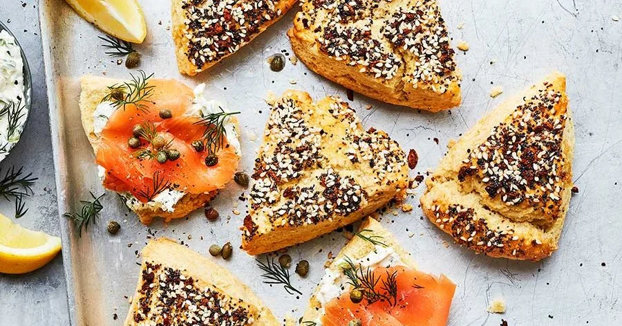Seedy scones with smoked salmon