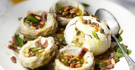 Sicilian-style artichoke hearts with burrata