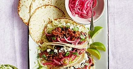 Smoky pulled aubergine & black bean tacos