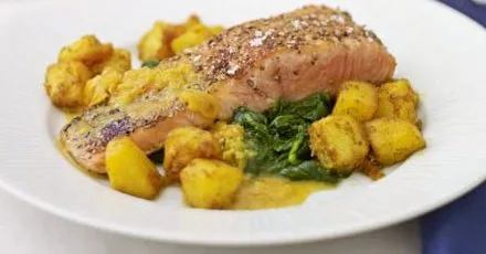 Spice-crusted salmon with sautéed potatoes & spinach