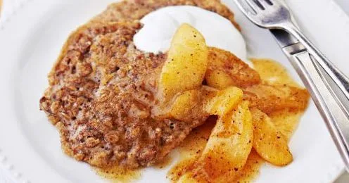 Spiced oatmeal fritters with coconut caramel pears