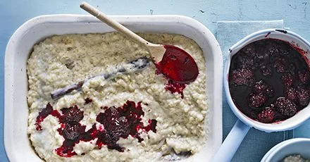 Spiced rice pudding with blackberry compote
