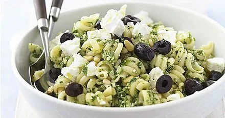 Spinach pesto pasta with olives