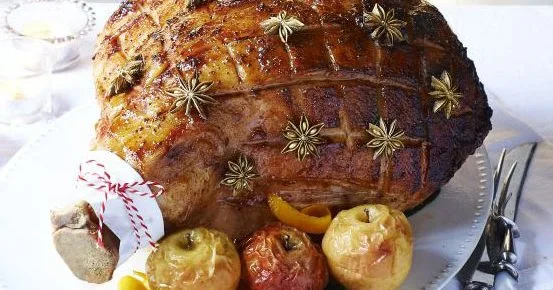 Sticky maple-glazed ham with baked apple sauce