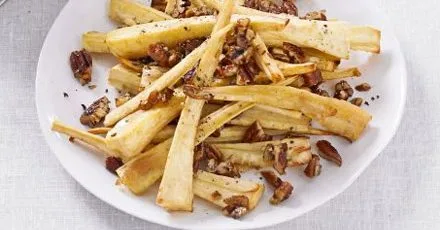 Sticky maple-glazed parsnips with pecans