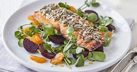 Sticky seeded salmon with satsuma salad