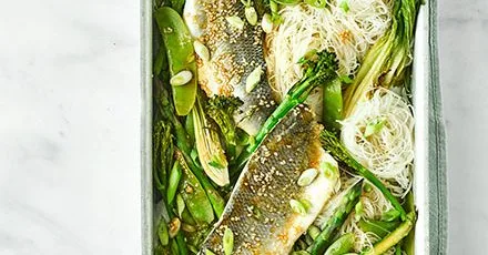 Sticky soy sea bass & greens traybake