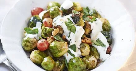 Sticky sprouts with grapes & walnuts