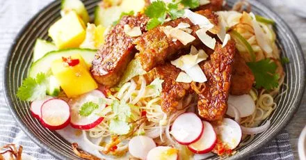 Sticky tempeh, mango & lime noodle salad