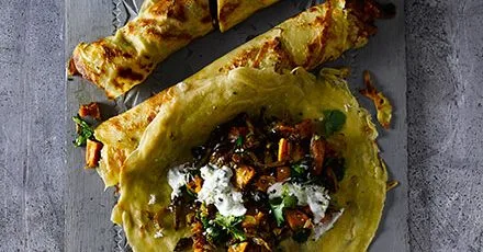 Sweet potato masala dosa with coconut raita
