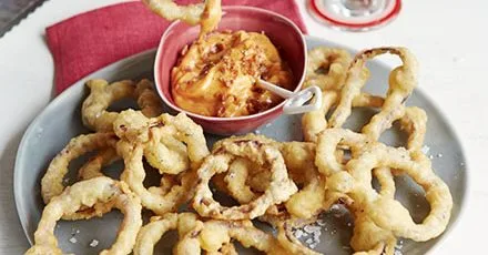 Ultimate onion rings with bacon mayo