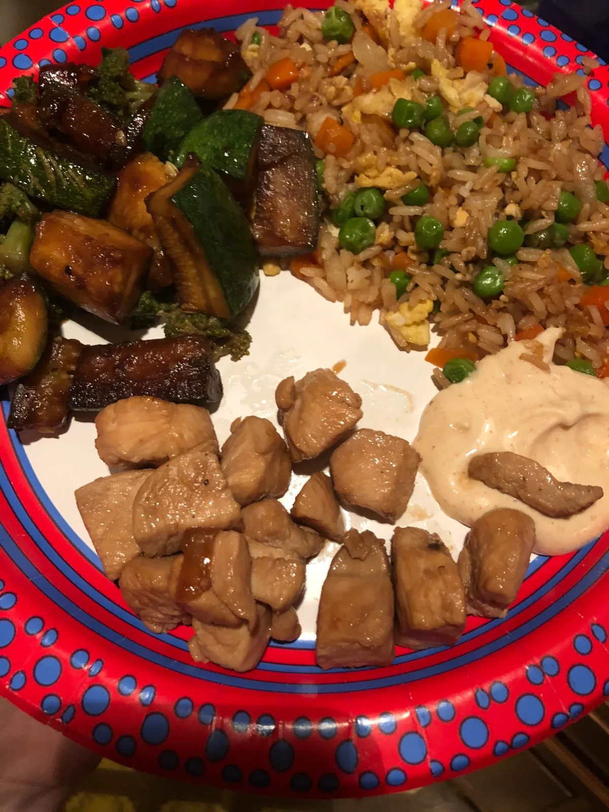 Японське хіба́чі з куркою, стейком та овочами